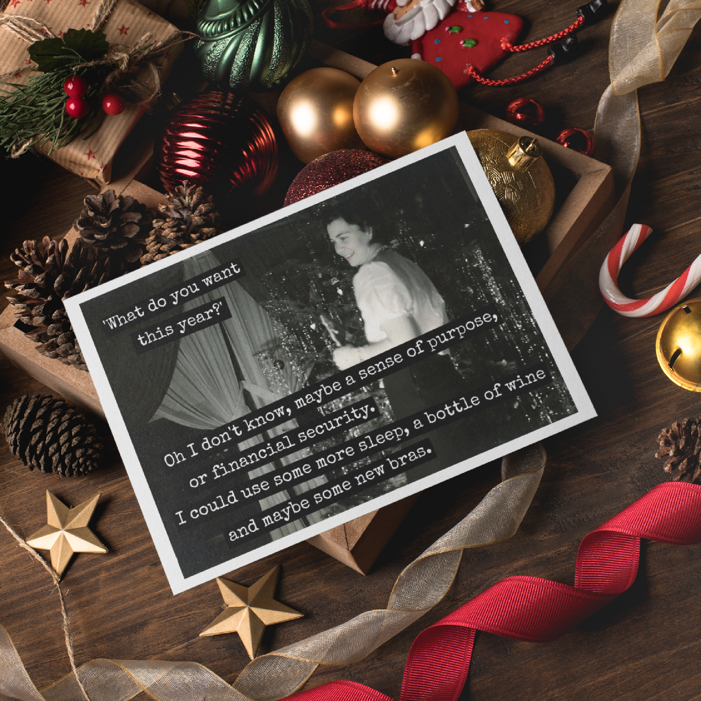 Raven's Rest Studio - Funny Christmas Card. What Do You Want This Year? Oh I Don't