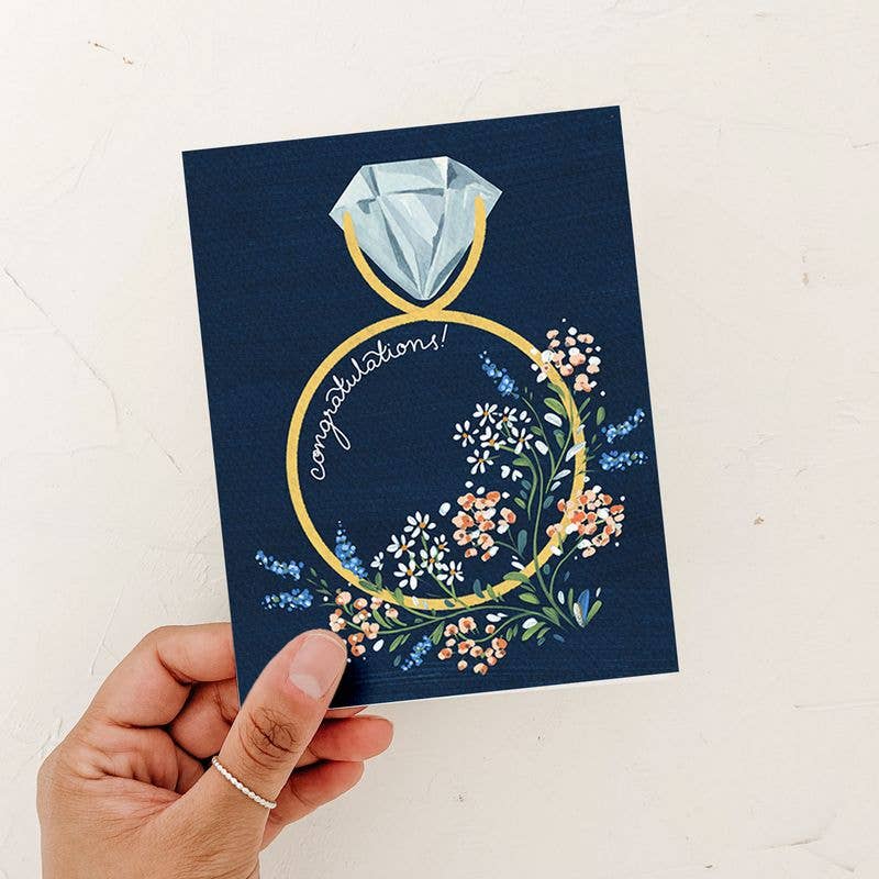 Almeida Illustrations - Navy Floral Congratulations Ring Engagement Card: White