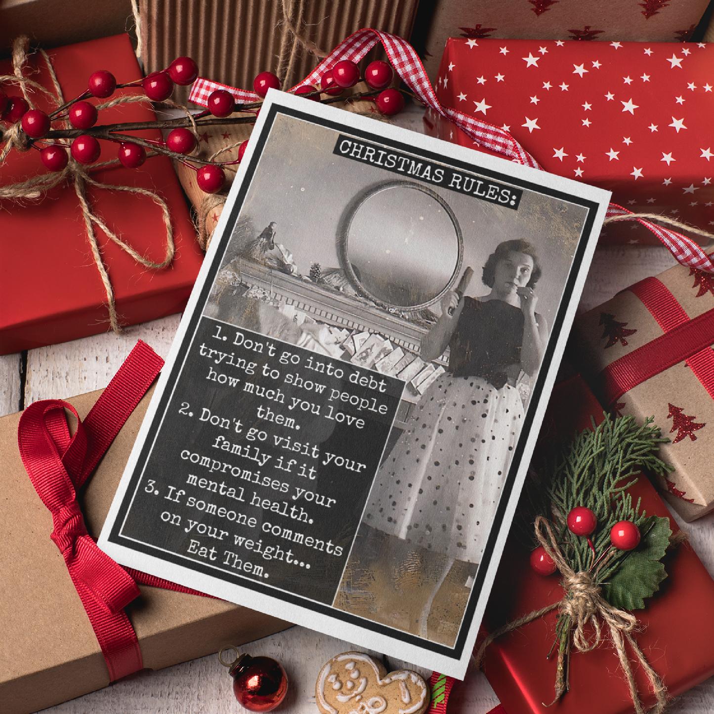 Raven's Rest Studio - Funny Christmas Card. CHRISTMAS RULES: If Someone Comments..