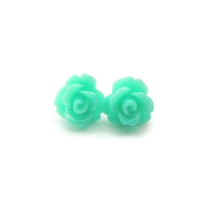 Pretty Smart - Teal Rose Stud Earrings, 9mm: Invisible Clip On