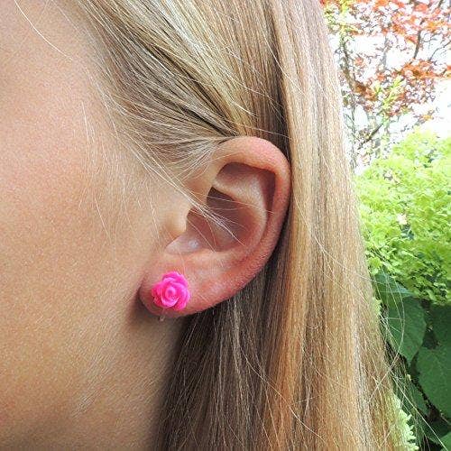 Pretty Smart - Teal Rose Stud Earrings, 9mm: Invisible Clip On