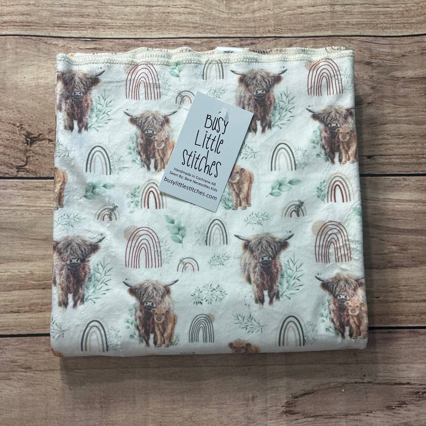 Busy Little Stitches - Highland Cows Rainbow Greenery Toddler Blanket