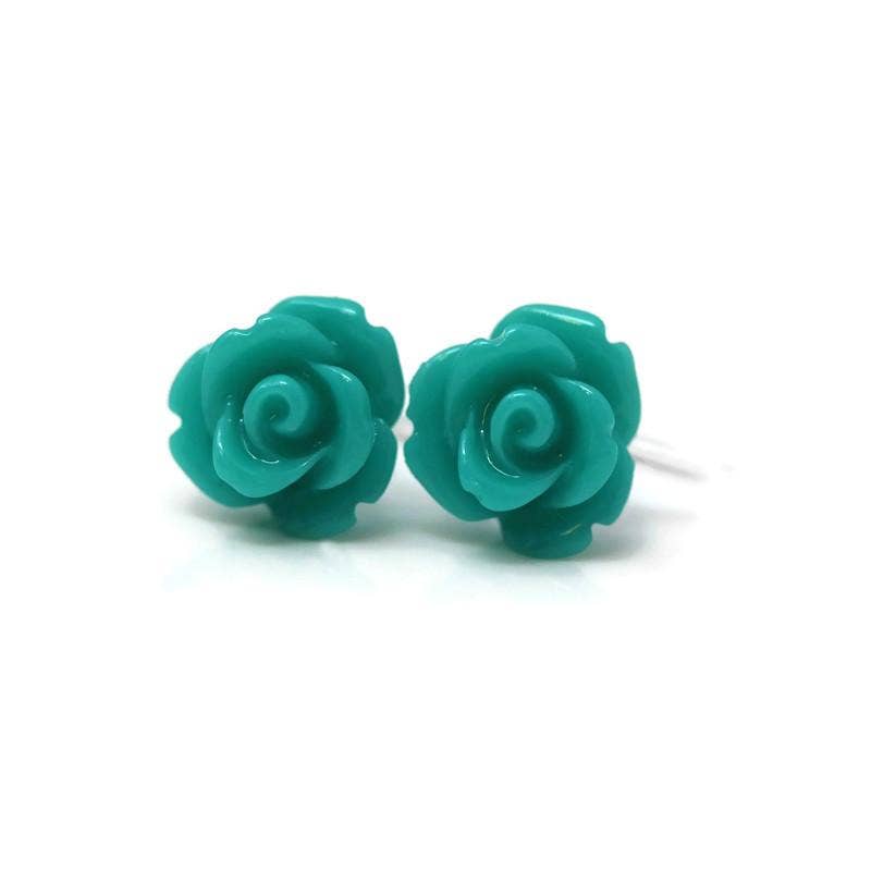 Pretty Smart - Teal Rose Stud Earrings, 9mm: Invisible Clip On