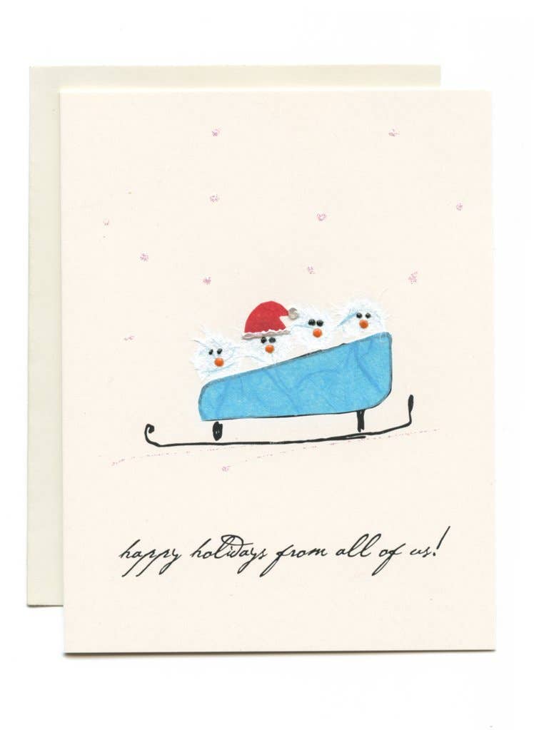 FLAUNT HANDMADE CORRESPONDENCES - "Happy Holidays From All of Us" 4 Chicks in Sled