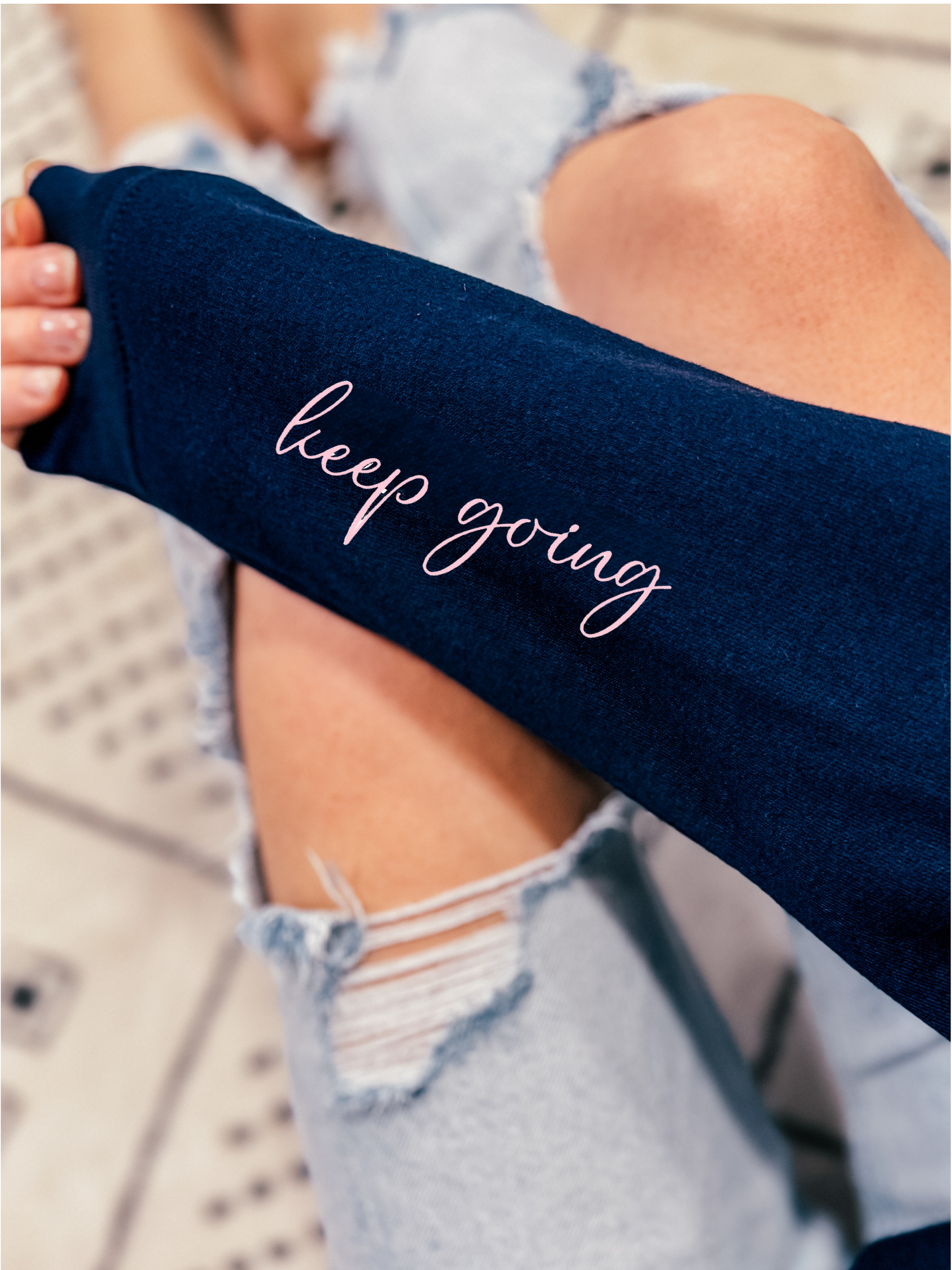 Blonde Ambition Apparel & Designs - Keep Going Embroidered Cozy Crew Neck Sweater - Navy: M / Navy Cozy Crew w/ Tropical Blue Embroidery