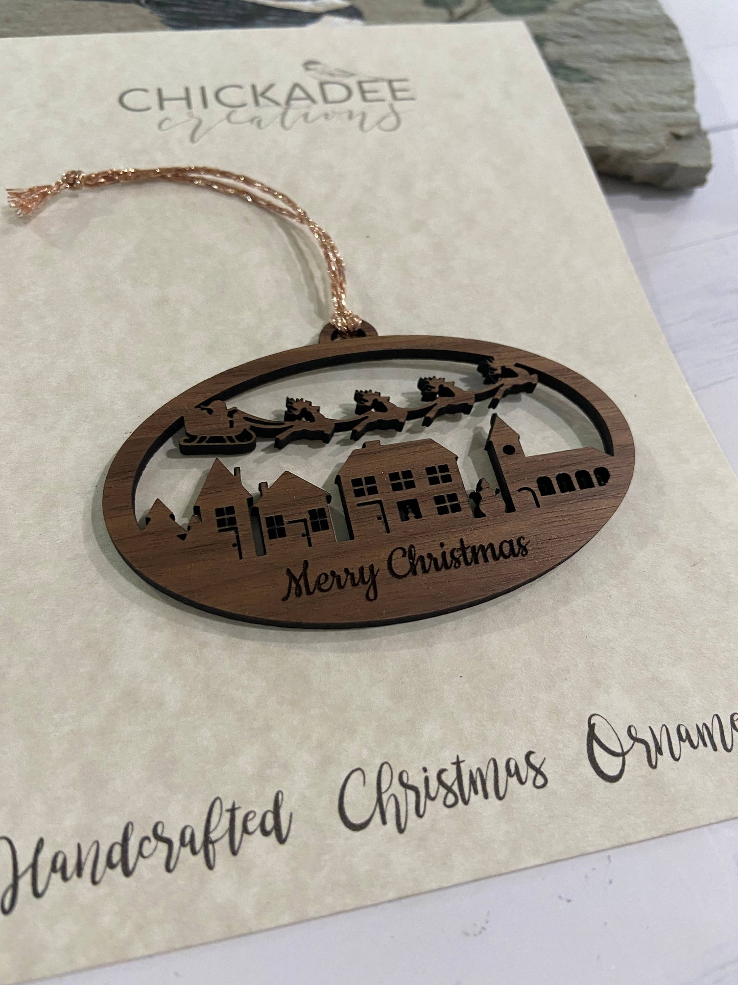 Chickadee Creations - Christmas ornament, wooden single layer, Santa town ornament