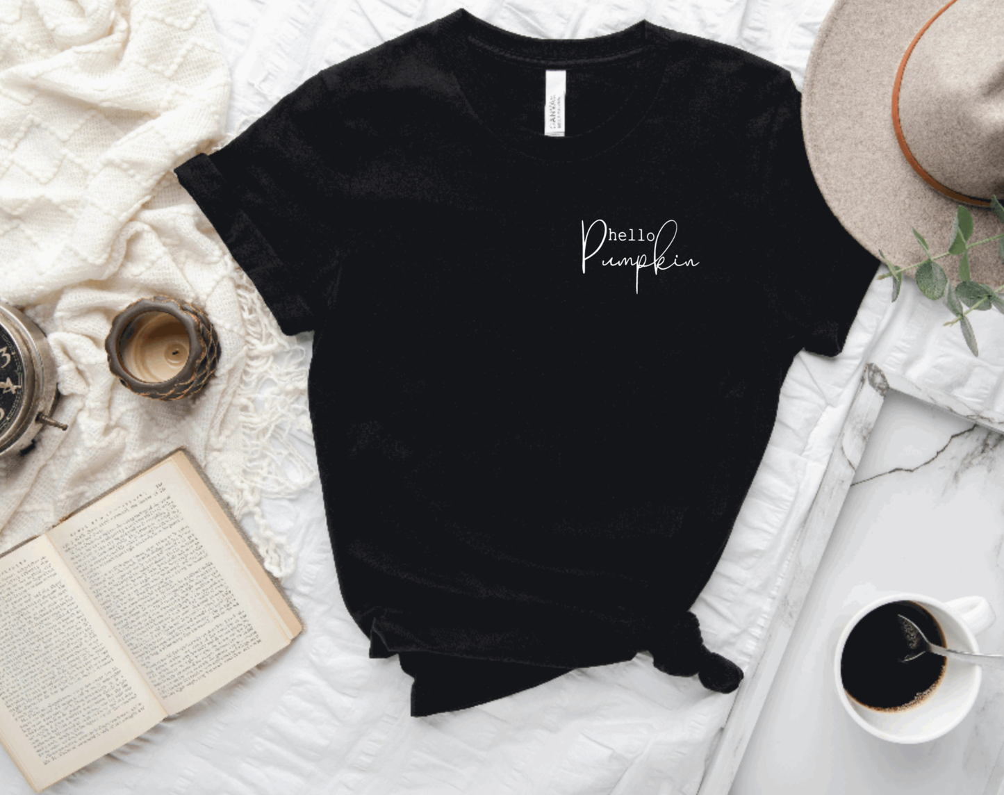 Hunter Kouture - Hello Pumpkin Fall Tee, Black Trendy Fall T-shirt, pumpkin