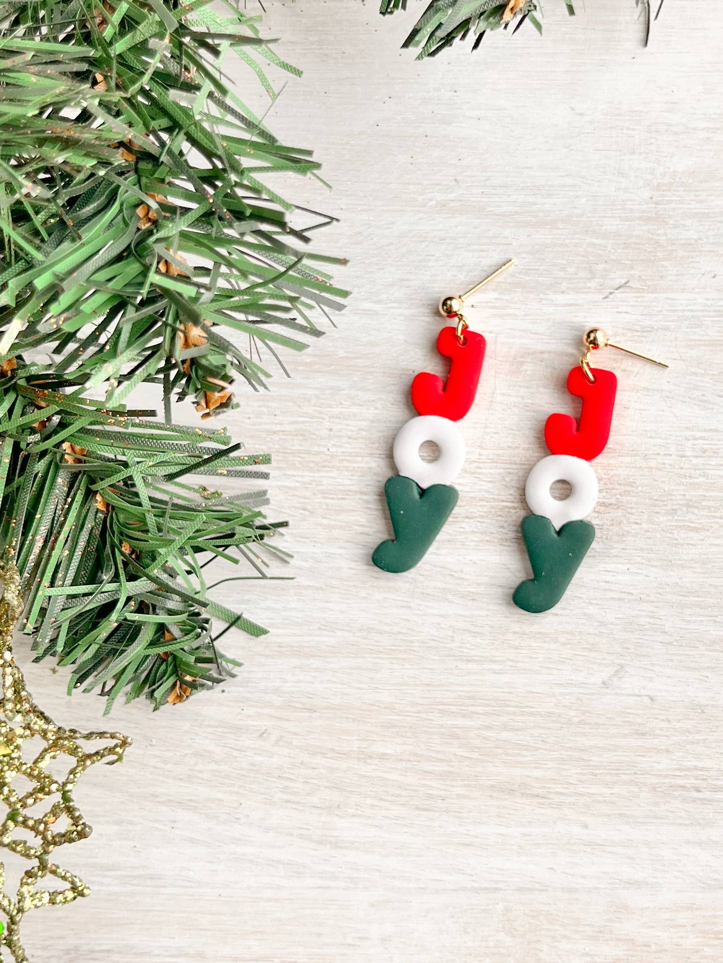Joy Word Dangle Earrings, Christmas Clay Handmade Earrings