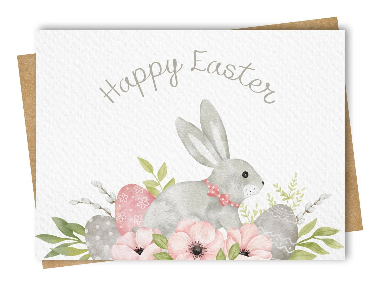 Paper Kuts - Grey Bunny on Flowers Easter Card, Includes Kraft Envelope: Rounded