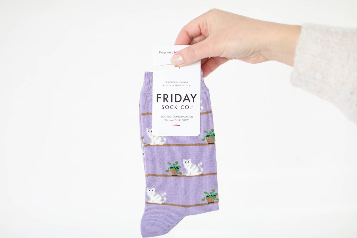 Friday Sock Co. - Women's Cat & Plant Crew Socks - Funny Pet Lover Gift: Women’s 5 – 10