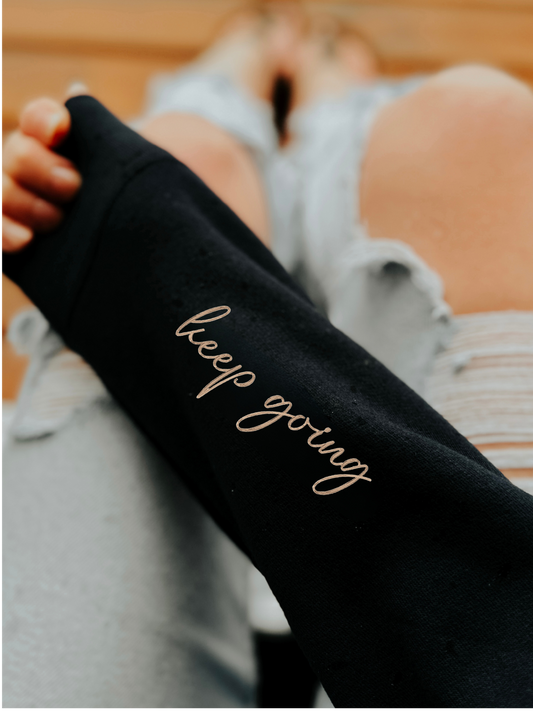 Blonde Ambition Apparel & Designs - Keep Going Embroidered Cozy Crew Neck Sweater Champagne Embroidery