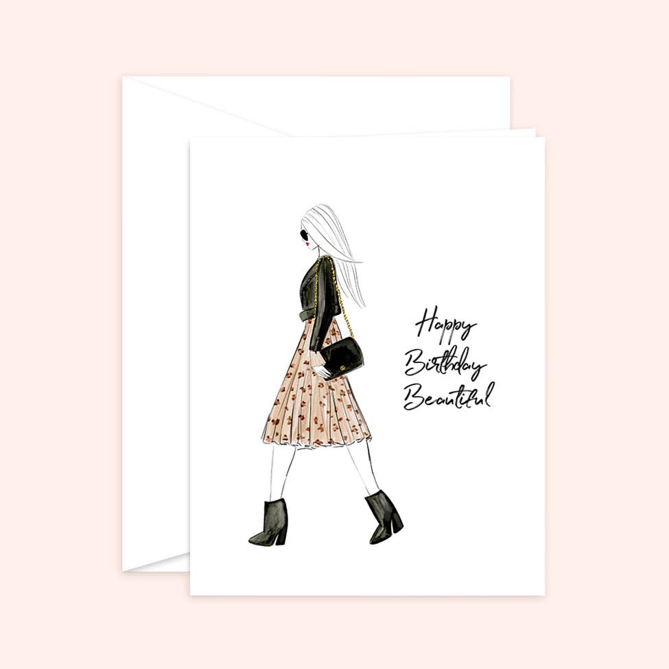Almeida Illustrations - Happy Birthday Beautiful - Fashion Birthday Greeting Card: Smooth (while qtys last) + White Envelope