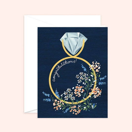Almeida Illustrations - Navy Floral Congratulations Ring Engagement Card: White