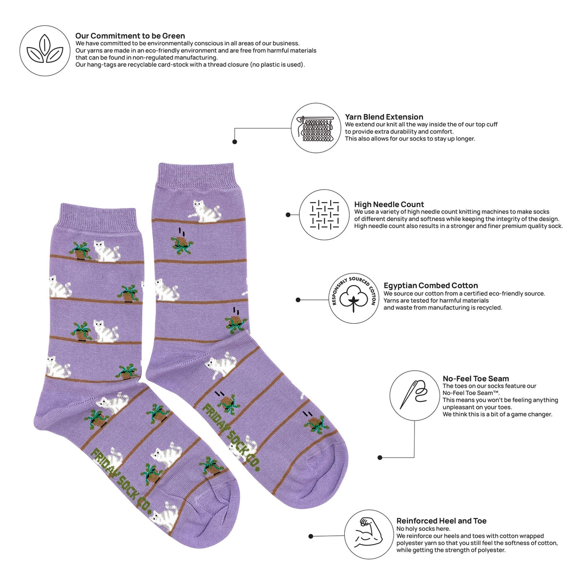 Friday Sock Co. - Women's Cat & Plant Crew Socks - Funny Pet Lover Gift: Women’s 5 – 10
