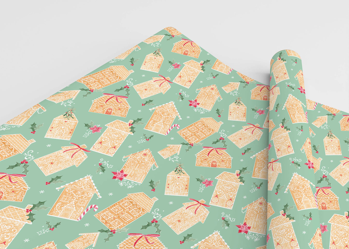 Almeida Illustrations - Green Gingerbread Land Christmas Gift Wrap: Single Sheet