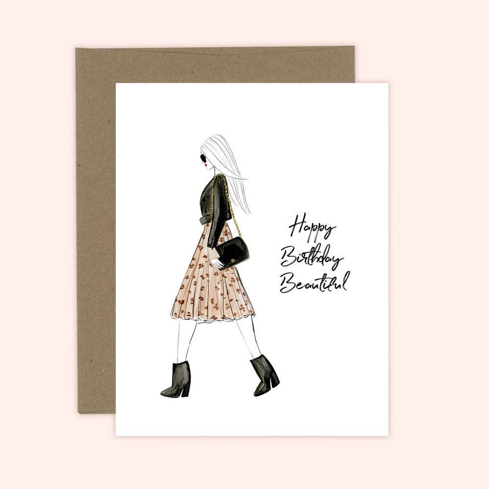 Almeida Illustrations - Happy Birthday Beautiful - Fashion Birthday Greeting Card: Smooth (while qtys last) + White Envelope