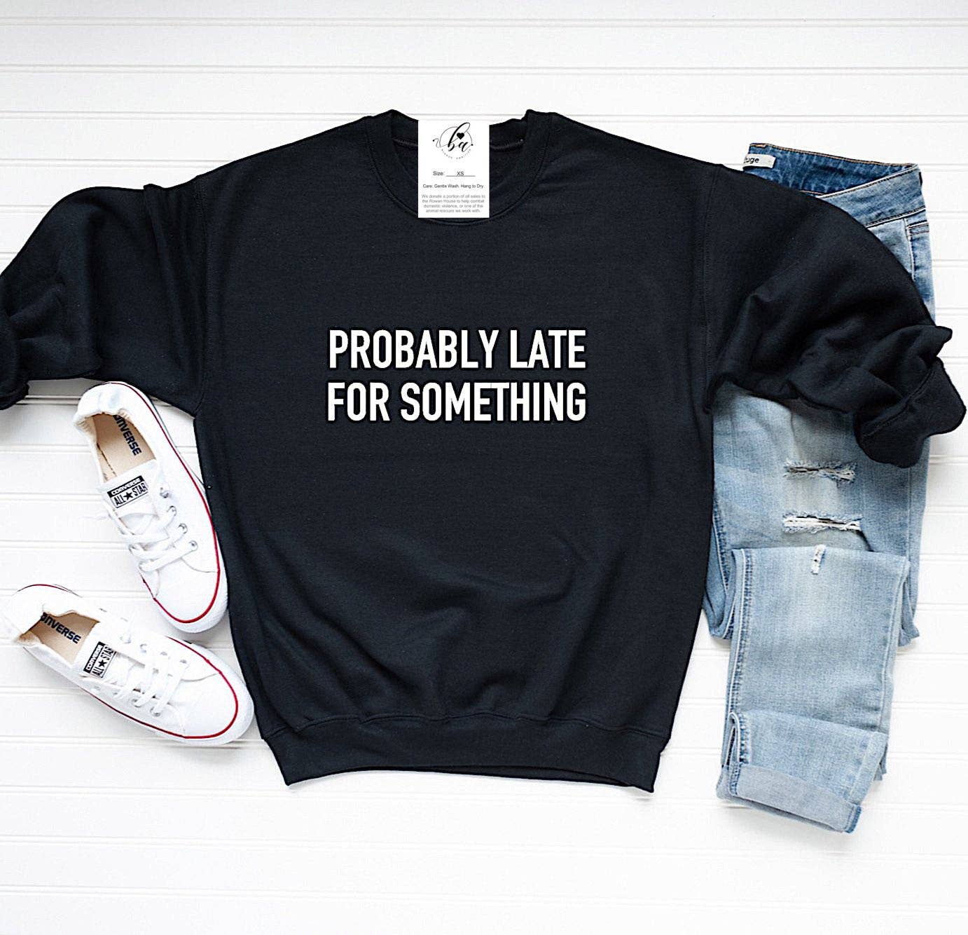 Blonde Ambition Apparel - Probably Late For Something Cozy Crew Neck Sweater: Charcoal Sweater with White Font / Small