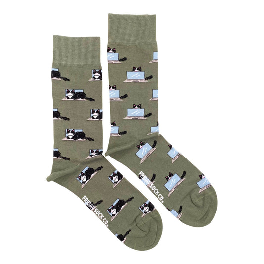 Friday Sock Co. - Cat Socks | Men's Size | Fluffy Cat | Mismatched | Premium: Men's 7 - 12