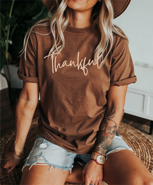 Blonde Ambition Apparel & Designs - Thankful Tee: Heather Brown w/ Tan Font
