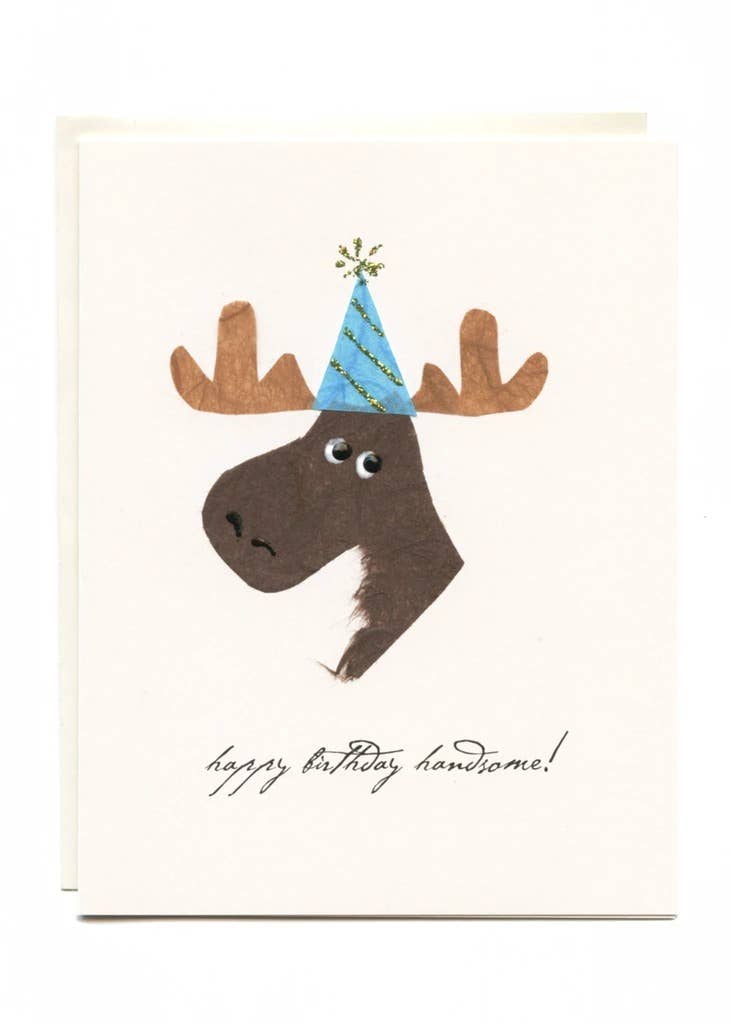 FLAUNT HANDMADE CORRESPONDENCES - "Happy Birthday Handsome" Moose w/ Party Hat