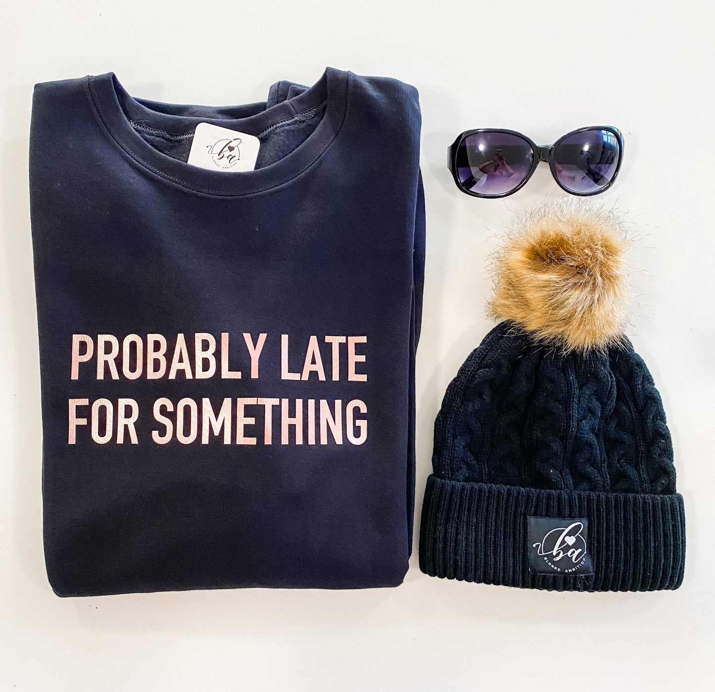 Blonde Ambition Apparel - Probably Late For Something Cozy Crew Neck Sweater: Charcoal Sweater with White Font / Small