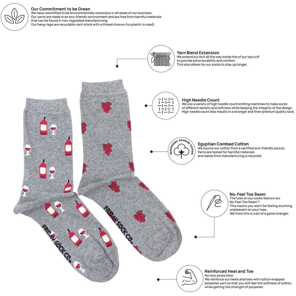 Friday Sock Co. - Women's Red Wine & Grapes Crew Socks - Combed Cotton: Women’s 5 – 10