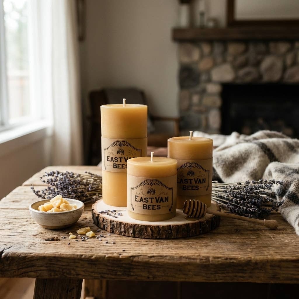 Eastvan bees - 3" Wide 100% Beeswax Pillar Candle - Natural Beewax color : 3" / 8cm tall