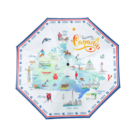 Northern Icons Canada - Canada National Landmark Map Folding Umbrella - Premium UV Protection Sun & Rain Travel Parasol