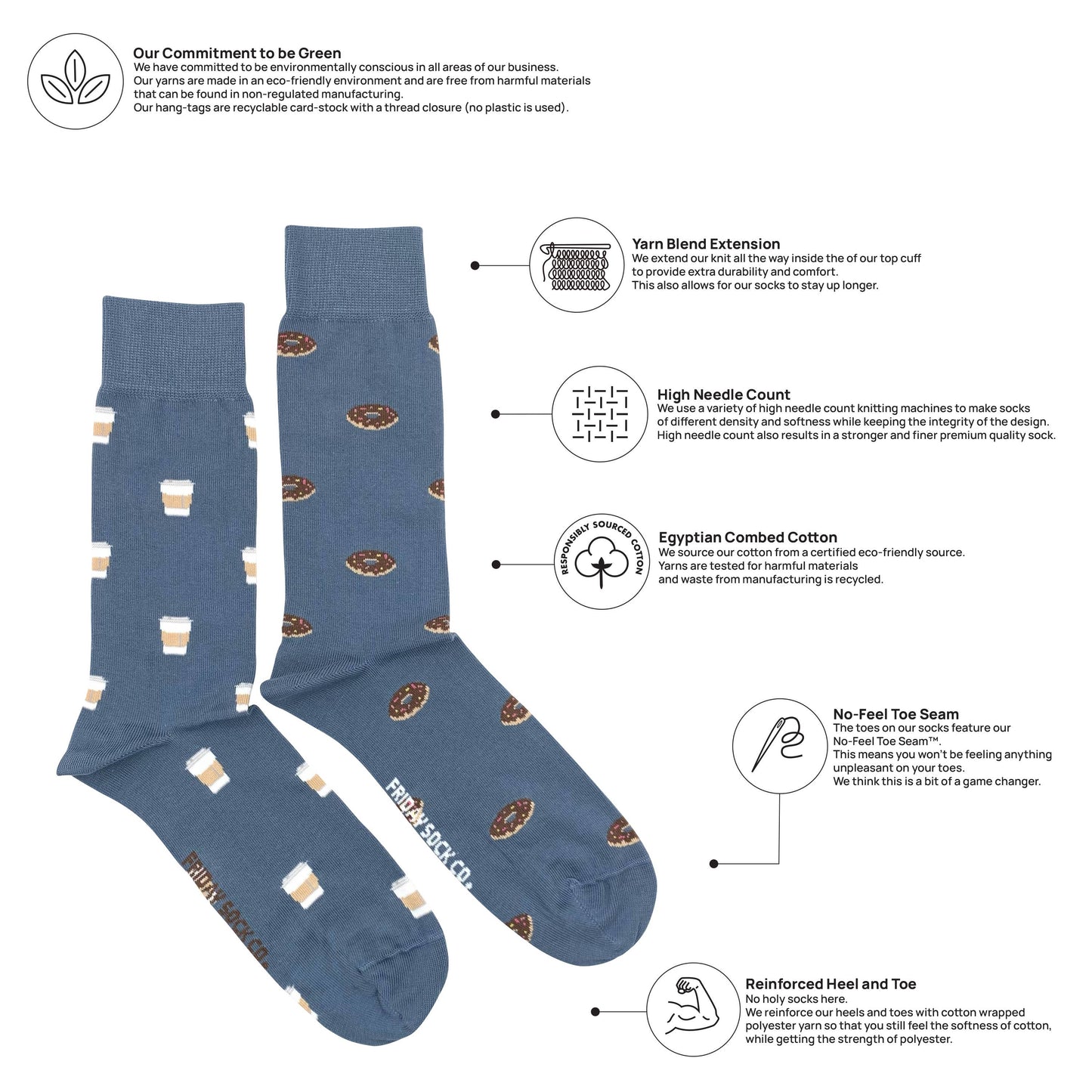 Friday Sock Co. - Men's Coffee & Donut Mid-Calf Socks - Fun Gift for Him: Men's 7 - 12