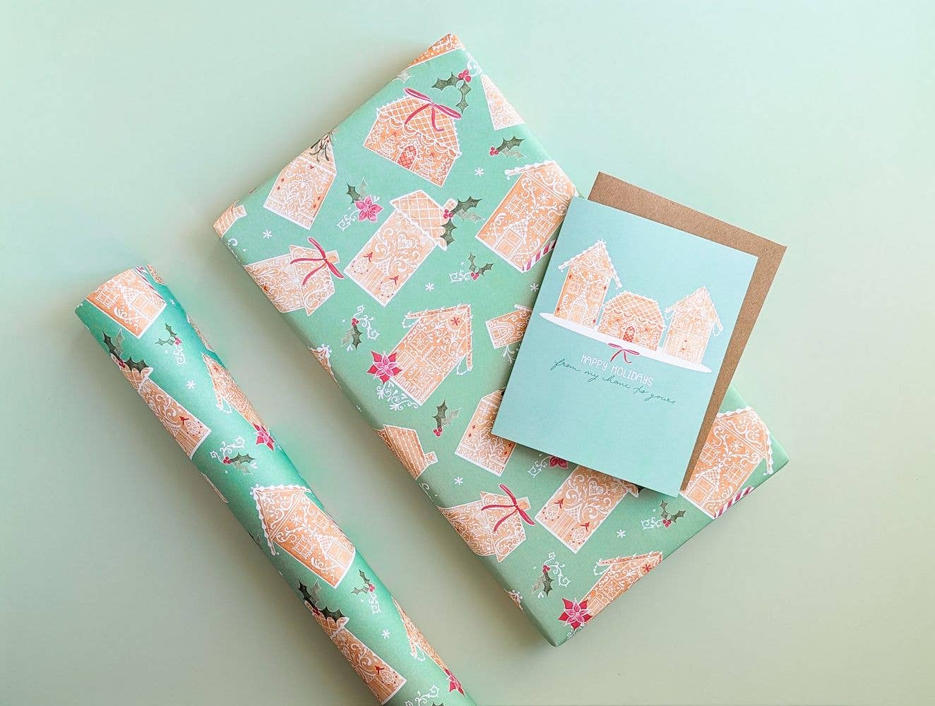 Almeida Illustrations - Green Gingerbread Land Christmas Gift Wrap: Single Sheet