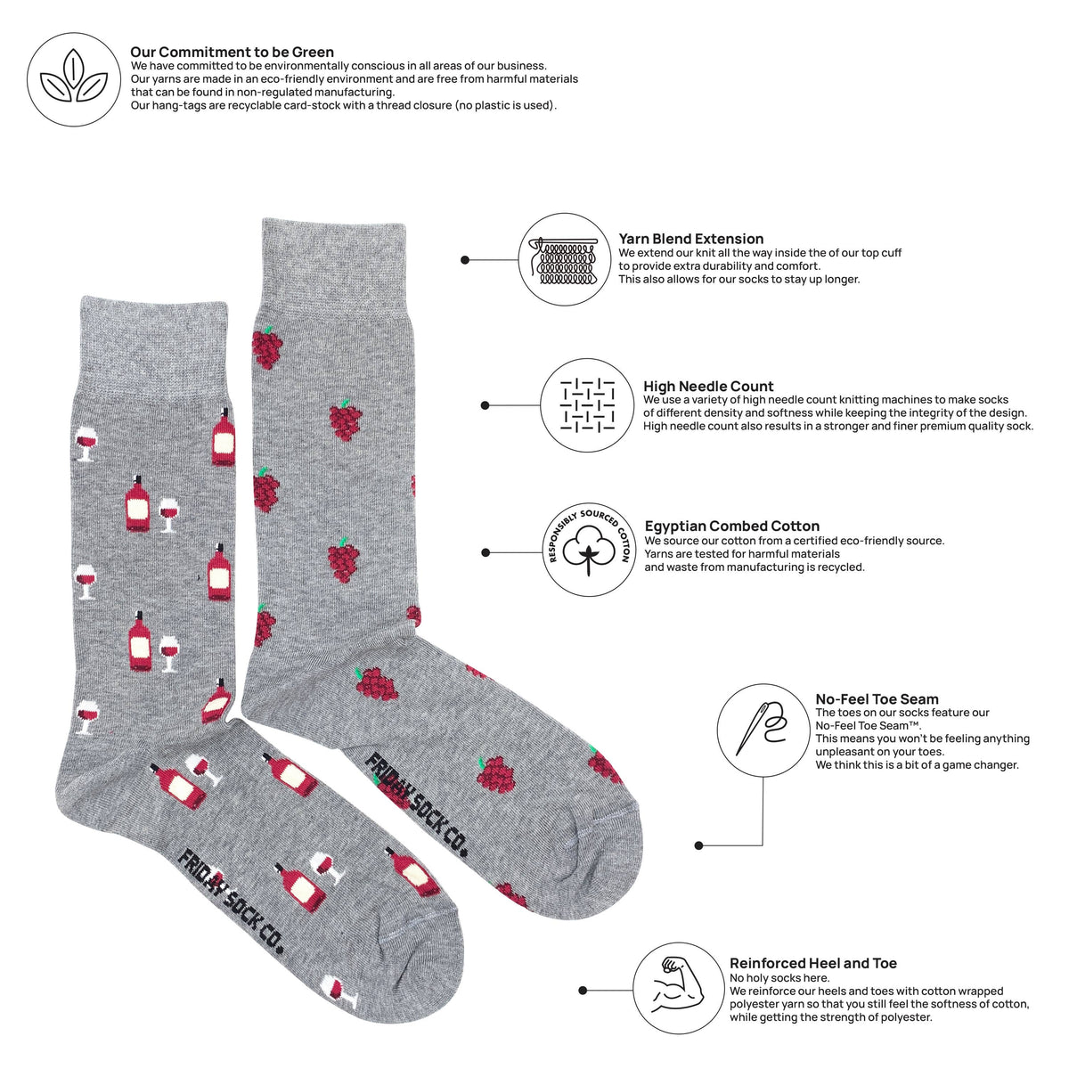 Friday Sock Co. - Men's Red Wine & Grapes Mid-CalfSocks - Non-Matching: Men's 7 - 12