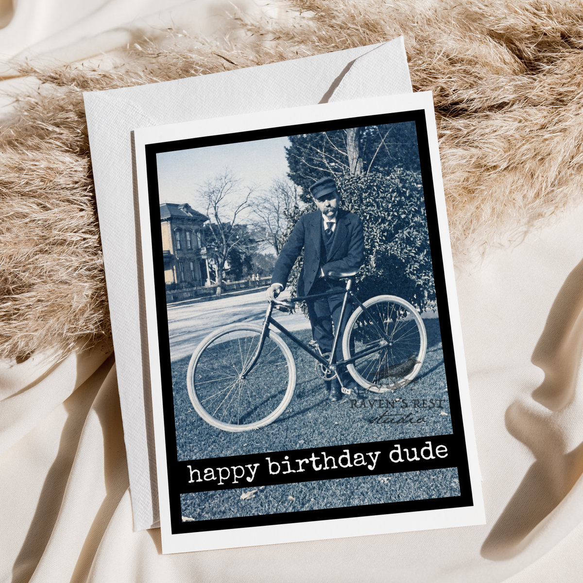 Raven's Rest Studio - Birthday Card For Man. happy birthday dude. Vintage Bike Man