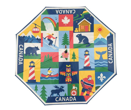 Northern Icons Canada - Canada Heritage Icon Collage Folding Umbrella - Premium UV Protection Sun & Rain Travel Parasol