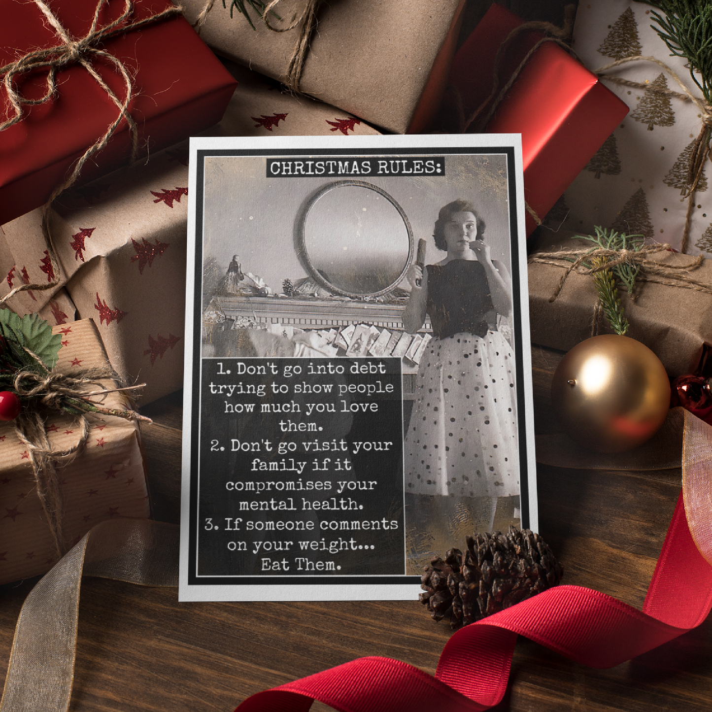 Raven's Rest Studio - Funny Christmas Card. CHRISTMAS RULES: If Someone Comments..