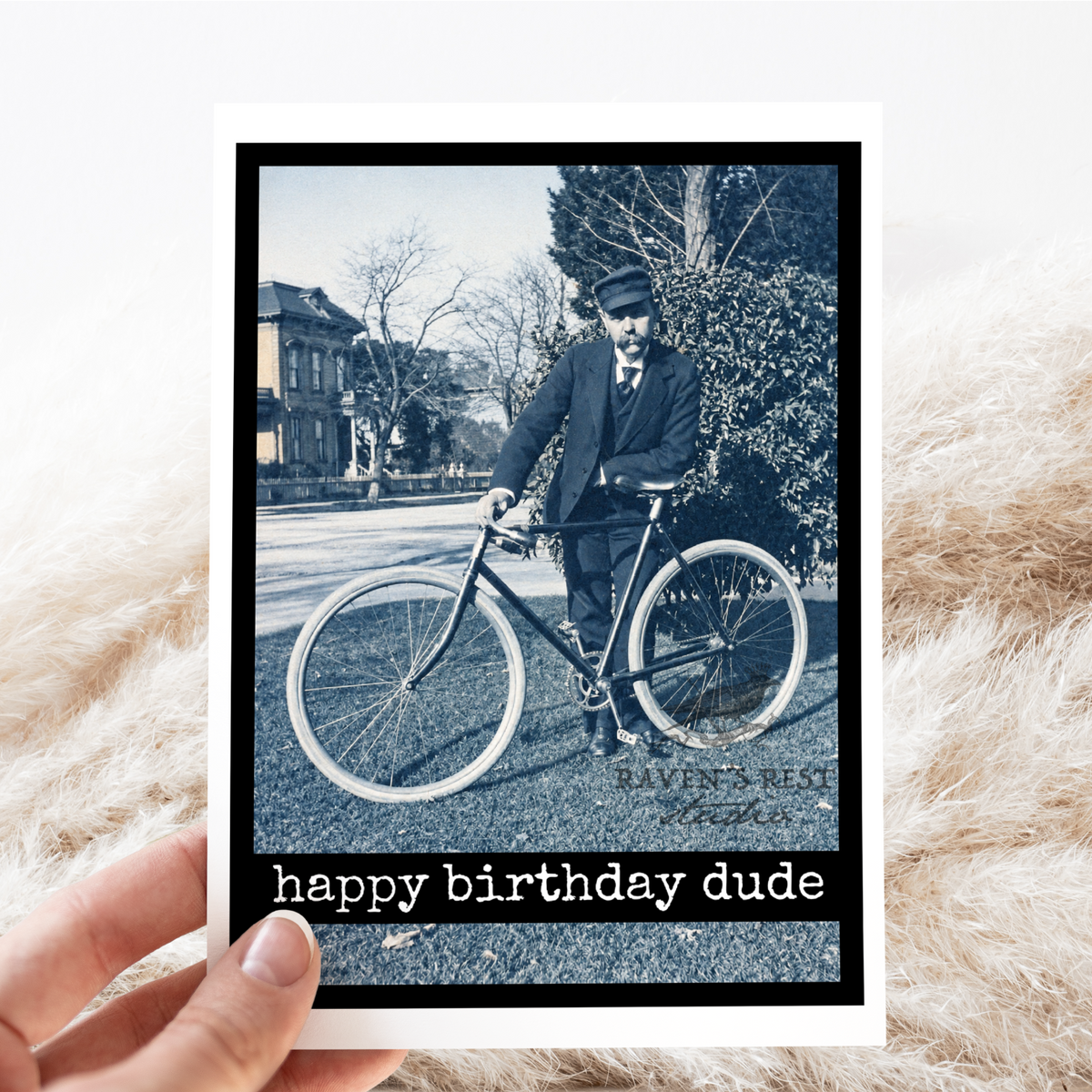 Raven's Rest Studio - Birthday Card For Man. happy birthday dude. Vintage Bike Man