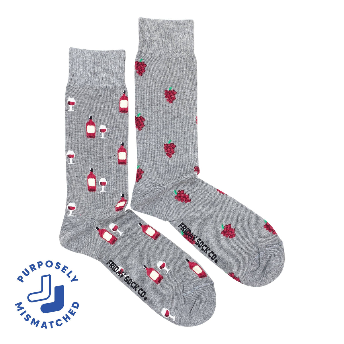 Friday Sock Co. - Men's Red Wine & Grapes Mid-CalfSocks - Non-Matching: Men's 7 - 12