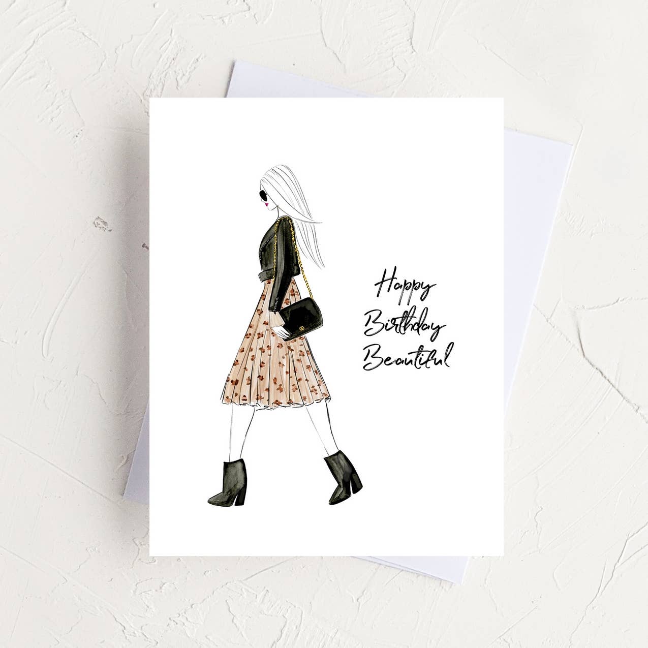 Almeida Illustrations - Happy Birthday Beautiful - Fashion Birthday Greeting Card: Smooth (while qtys last) + White Envelope