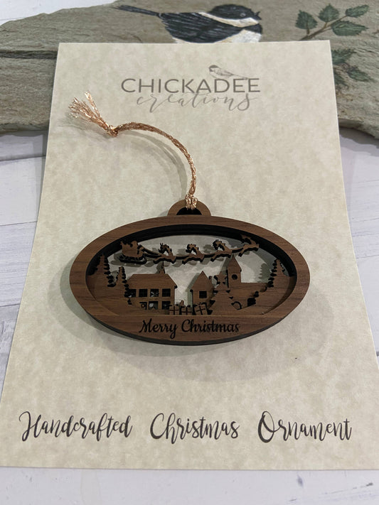 Chickadee Creations - Christmas ornament, wooden 3D ornament, Santa town ornament