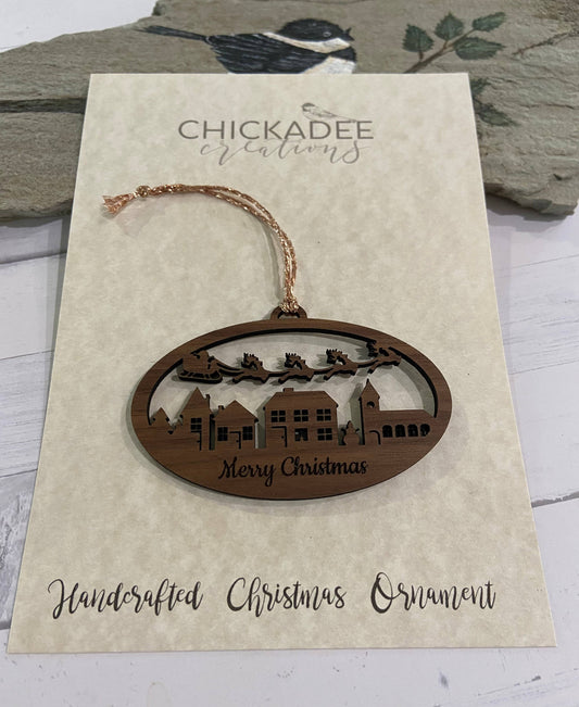 Chickadee Creations - Christmas ornament, wooden single layer, Santa town ornament