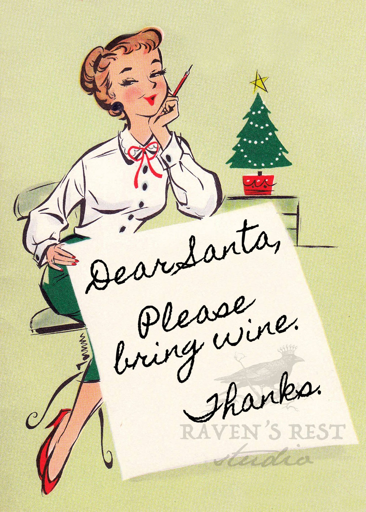 Dear Santa, Please Bring Wine, Thanks. Christmas Card.