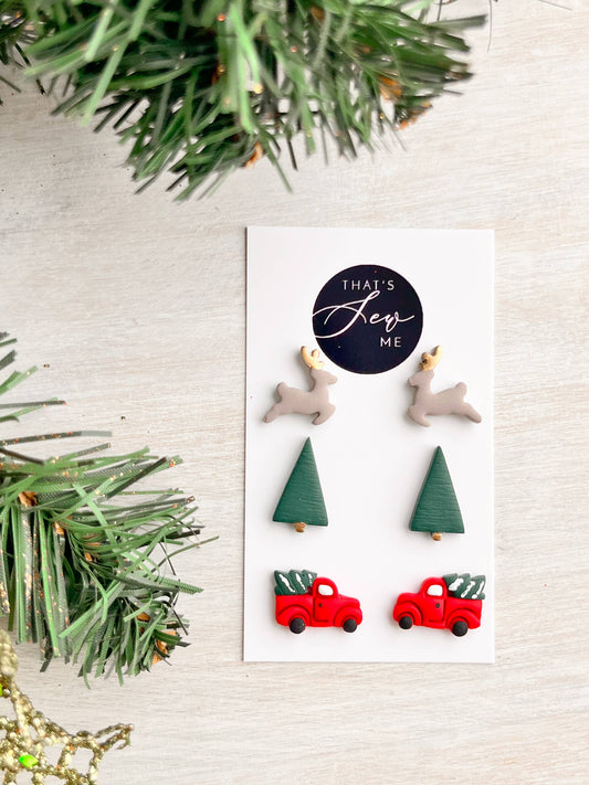 Christmas Earrings Trio Set #3, Clay Stud Earrings