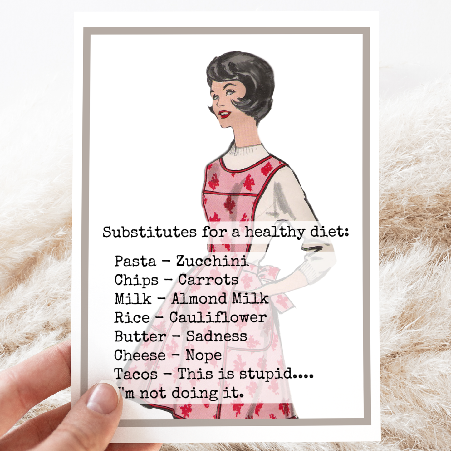 Raven's Rest Studio - Card. Substitutes For a Healthy Diet... Funny Greeting Card.
