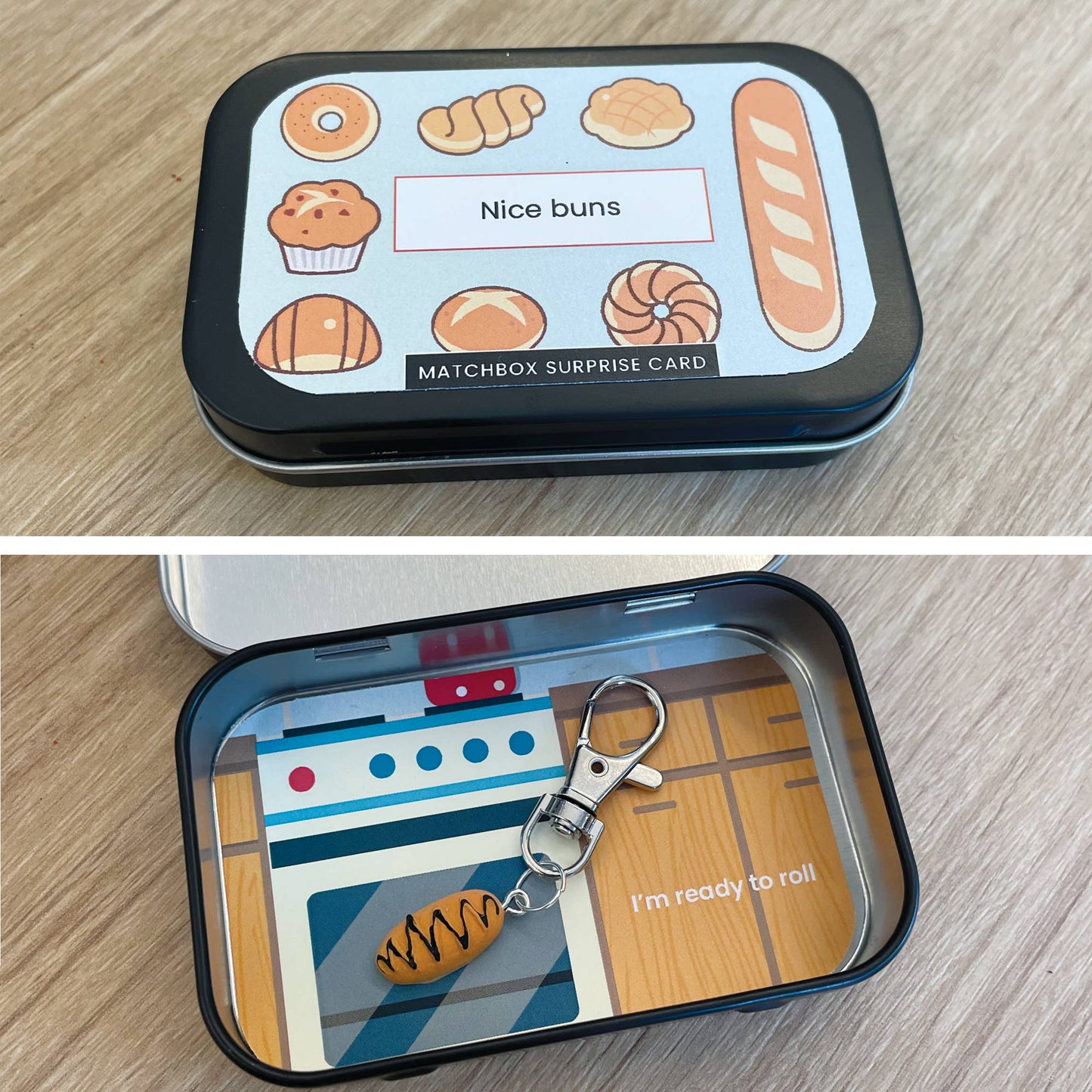 Design Corner - Matchbox Surprise Card Tin - Nice Buns keychain
